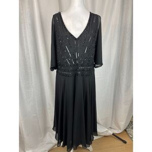 VTG JKARA Black Beaded Chiffon Gown – 14W, Elegant Formal Dress